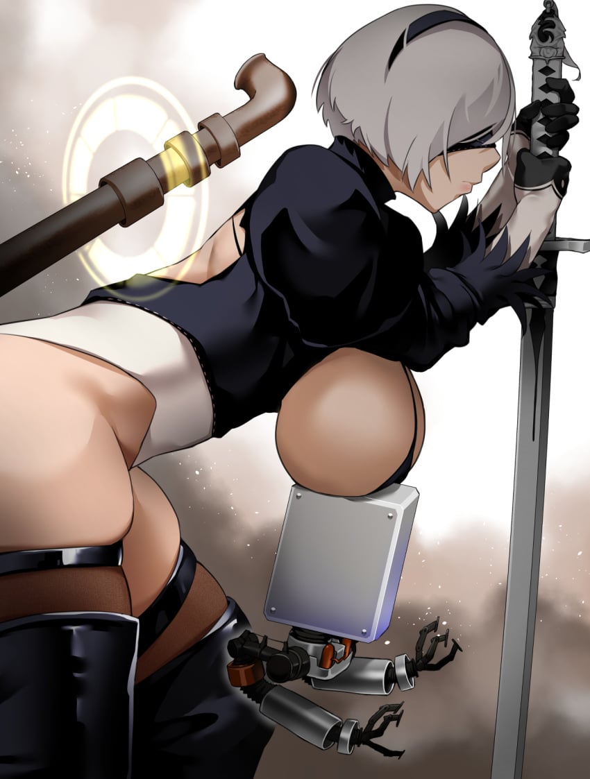 backless_outfit bakkanki bangs bikini bikini_top black_bikini black_headband black_swimsuit boots breast_rest breastless_clothing breasts breasts_out_of_clothes emotionless expressionless female headband juliet_sleeves katana large_breasts leotard long_sleeves nier:_automata nier_(series) pink_lips pod_(nier) puffy_sleeves short_hair sideboob swimsuit sword thick_thighs thigh_boots thighhighs thighs weapon white_hair white_leotard yorha_2b