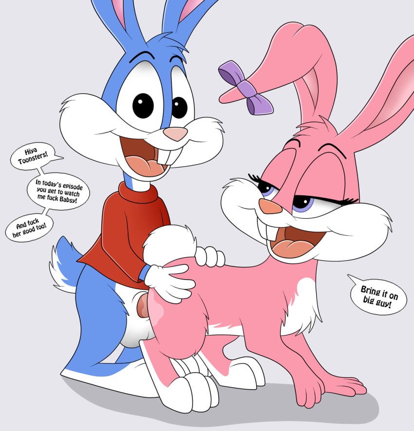 all_fours anthro babs_bunny balls bodily_fluids bow buckteeth buster_bunny clothing cub cub_on_cub cum cum_inside dialogue doggy_style duo erection female flat_chested from_behind_position genital_fluids genitals hi_res lagomorph leporid long_ears looking_at_viewer looking_back male mammal open_mouth orgasm penetration rabbit sex skateryena straight teeth tiny_toon_adventures vaginal_penetration warner_brothers