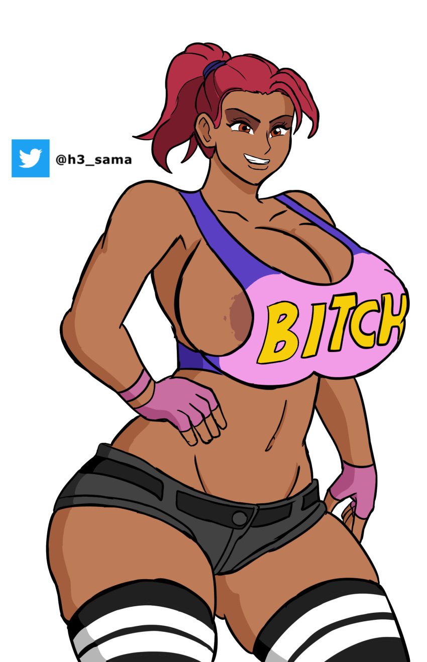 1girls alternate_body_type alternate_breast_size areola areola_slip artist_name beach_bomber big_breasts booty_shorts breasts breasts_bigger_than_head dark-skinned_female dark_skin female female_only fingerless_gloves fortnite h3thor hand_on_waist hips huge_breasts large_breasts looking_at_viewer midriff ponytail revealing_clothes short_shorts shorts solo solo_female tagme tank_top thighhighs thighs white_background