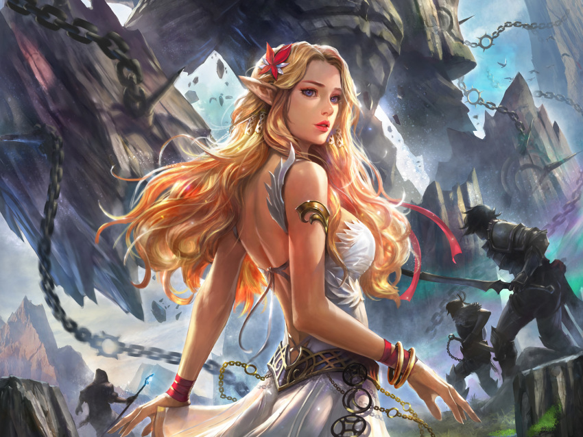 blonde_hair blue_eyes busty chains elf fantasy female female_focus flower_in_hair highres jewelry kim_sung_hwan knight lineage lipstick long_hair looking_back mage monster ncsoft pointy_ears staff sword war warrior weapon