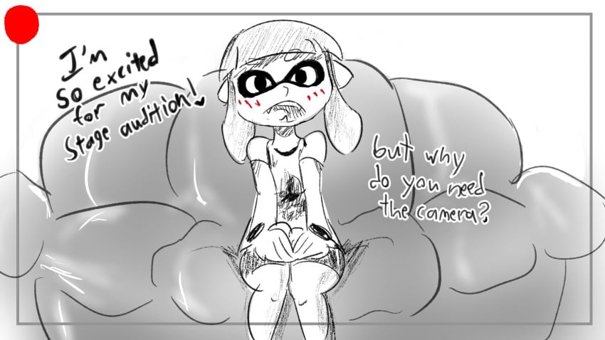 1girls before_sex blush camera casting_couch dialogue female inkling inkling_girl nintendo proto_spunk splatoon