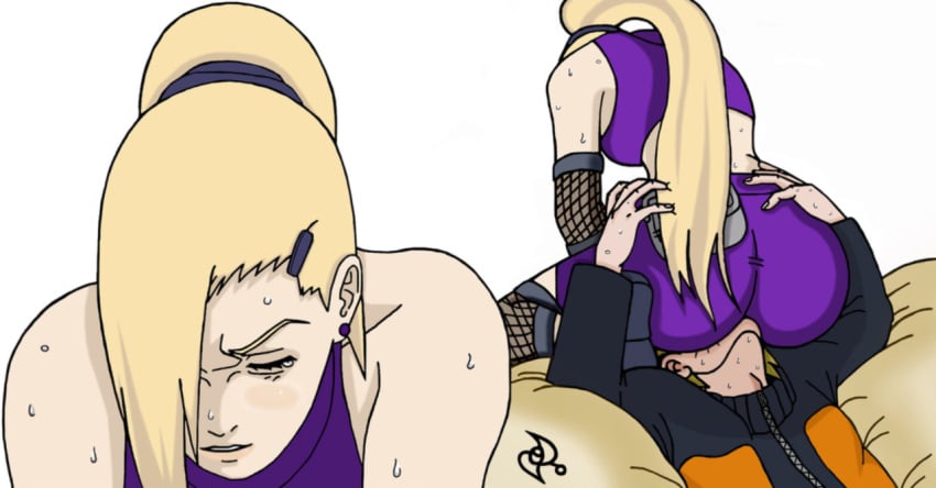 1boy 1girls ass ass_sniffing blonde_hair earrings facesitting fully_clothed hair_over_one_eye hands_on_ass huge_ass ino_yamanaka kneeling long_hair naruto naruto_(series) naruto_shippuden omarsin ponytail sweat sweatdrop tied_hair uzumaki_naruto