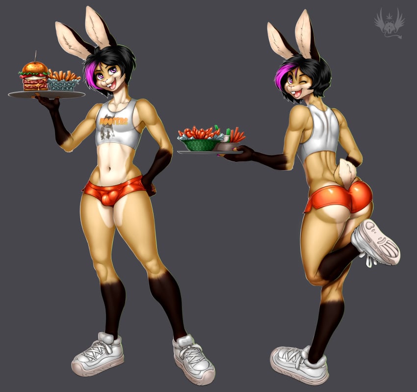 anthro ass bachan balls_outline black_hair bottomwear buckteeth bulge clothed clothing eldiman femboy femboy_hooters food footwear fur furry genital_outline girly hair hi_res highlights_(coloring) holding_tray lagomorph leporid male male_focus male_only mammal navel one_eye_closed open_mouth orange_clothing rabbit skimpy solo solo_male teeth tight_clothing tongue topwear twink wink