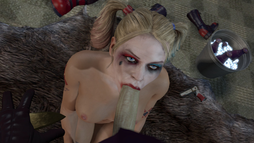 1girls 3d batman_(series) blonde_hair blowjob blue_eyes breasts cassie_cage cassie_quinn completely_naked completely_naked_female completely_nude completely_nude_female dc dc_comics egirl eye_contact eyelashes eyeshadow female female_focus harley_quinn_(cosplay) joker makeup mascara medium_breasts mortal_kombat mortal_kombat_11 multicolored_hair naughty_face nipples nobodysfm nude_female oral pale_skin partial_male red_lipstick seductive seductive_eyes slim source_filmmaker the_joker twintails