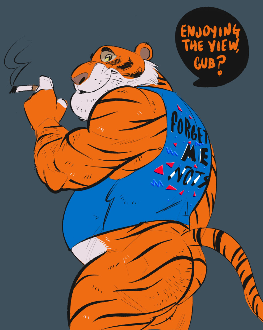 2020 ? anthro balls belly burrnie clothing felid fur genitals hi_res humanoid_hands male male_only mammal orange_body orange_fur overweight overweight_male pantherine shere_khan shirt simple_background solo tiger topwear