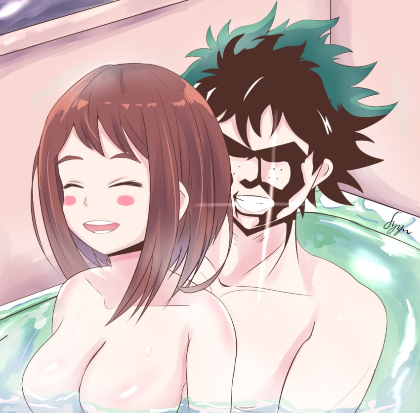 1boy 1girls all_might_face bathing bathroom bathtub big_breasts breasts brown_hair closed_eyes completely_nude completely_nude_female completely_nude_male couple curly_hair female funny green_hair izuku_midoriya muscular_male my_hero_academia ochako_uraraka rosy_cheeks smile syyndev water