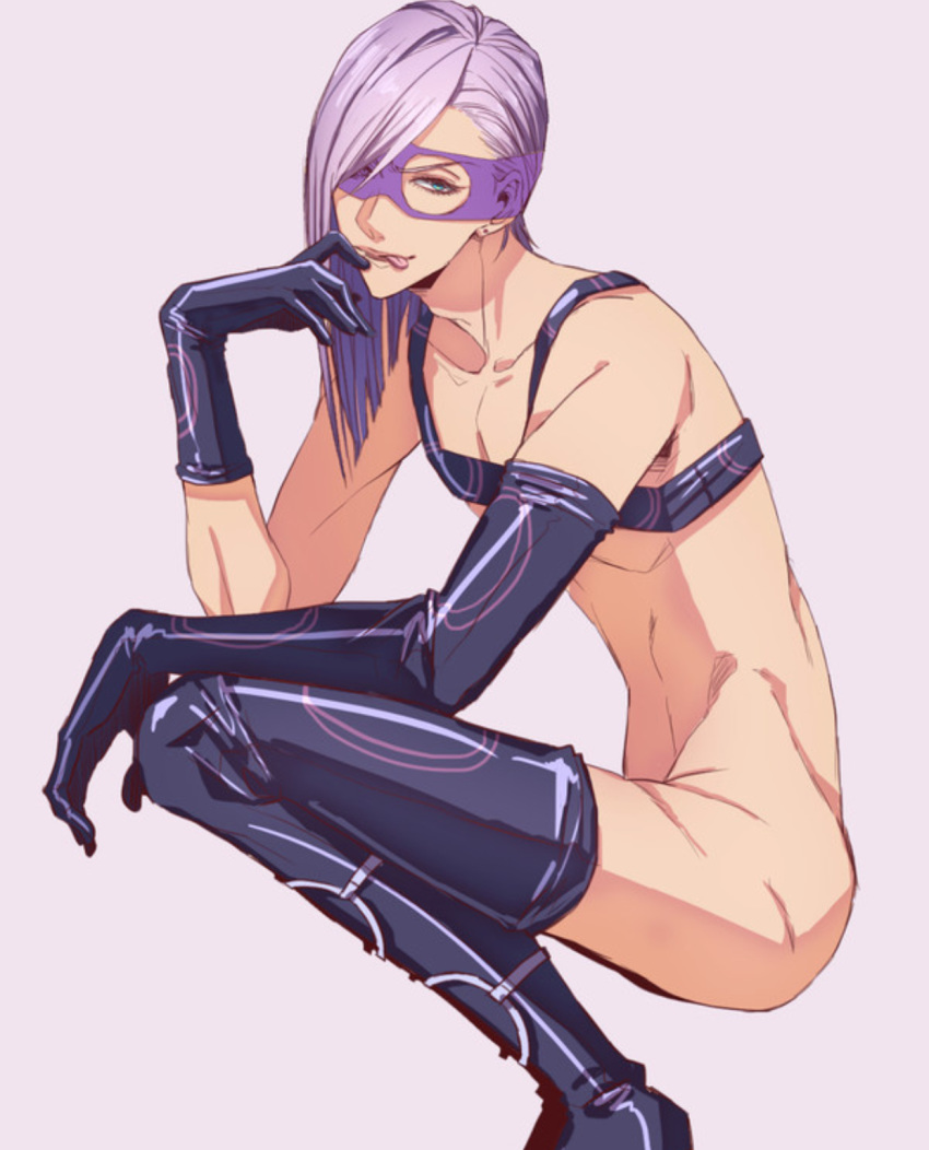 1boy androgynous aosa bottomless jojo's_bizarre_adventure looking_at_viewer male_only melone purple_hair solo solo_male squatting thigh_high_boots vento_aureo