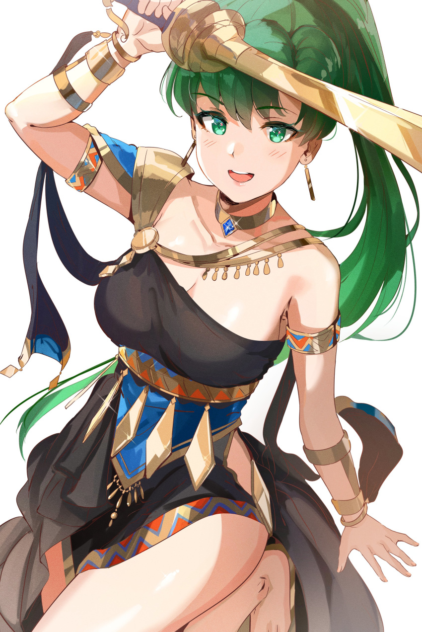 1girls absurdres armband bangs bare_legs bare_shoulders barefoot black_dress blush breasts collar collarbone dancer dancer_(three_houses) dancer_outfit dress eyebrows_visible_through_hair female female_only fire_emblem fire_emblem:_the_blazing_blade fire_emblem:_three_houses gem green_eyes green_hair harem_outfit highres holding holding_sword holding_weapon jewelry leg_up lips looking_at_viewer lyn_(fire_emblem) lyndis_(fire_emblem) medium_breasts open_mouth ormille ponytail shiny shiny_hair shiny_skin simple_background smile sol_katti solo sword thighs tied_hair weapon