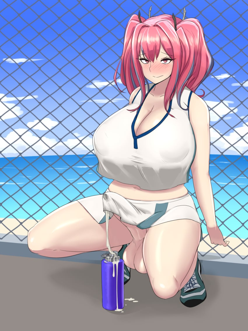 1futa against_fence azur_lane beach blush bottle breasts bremerton_(azur_lane) cleavage cloud commentary_request crop_top crop_top_overhang cum cum_in_bottle cum_in_container dripping erection fence futanari grey_hair hidoracon highres huge_breasts large_balls large_breasts large_penis midriff multicolored_hair navel ocean penis pink_eyes pink_hair shoes skirt sky solo squatting testicles tiptoes twintails two-tone_hair