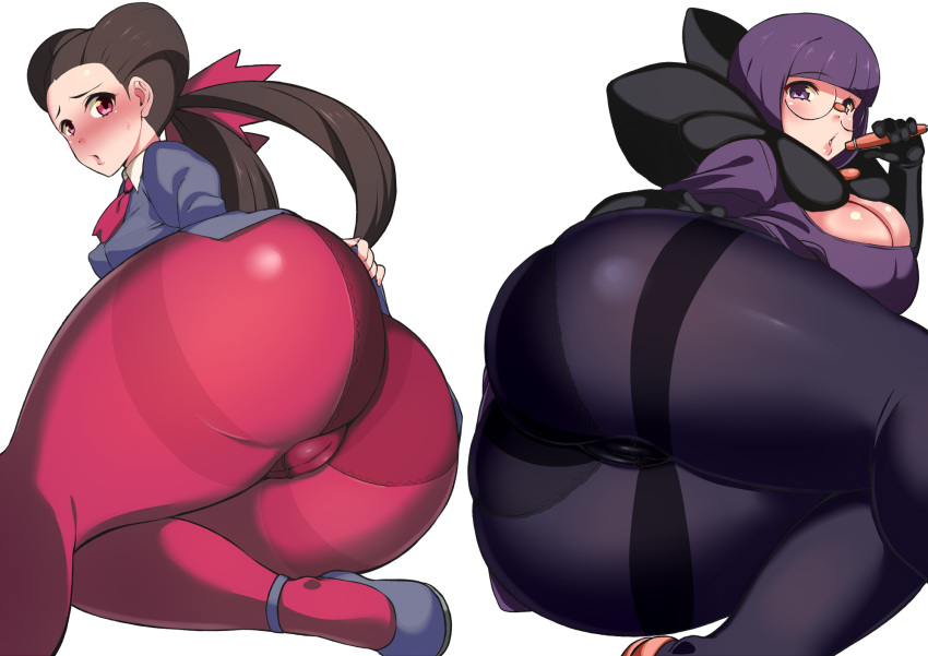 2girls anís_(pokémon) ass big_ass big_breasts blush bottom_heavy brown_hair cameltoe female female_only game_freak glasses gym_leader huge_ass huge_thighs human komusou_(jinrikisha) large_ass large_breasts leggings looking_at_viewer nintendo pale-skinned_female pale_skin pantyhose pokemon pokemon_bw pokemon_oras pokemon_rse presenting presenting_ass purple_eyes purple_hair red_eyes roxanne_(pokemon) roxanne_(pokemon_oras) shauntal_(pokemon) sweat thick_ass thick_thighs thighs tight_clothing tsutsuji_(pokemon) twintails white_background wide_hips