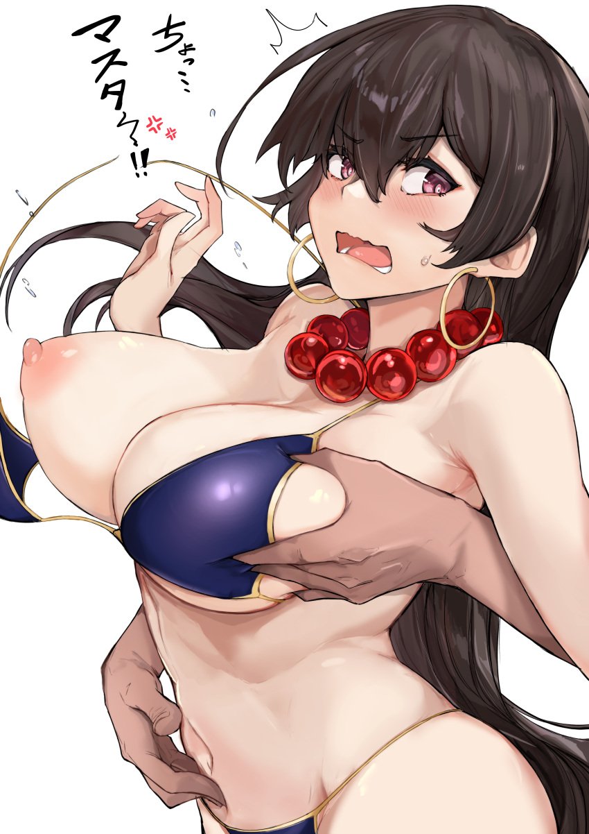 absurdres anger_vein aogumaptticrash bangs bare_shoulders bead_necklace beads bikini breast_grab breasts brown_hair earrings fate/grand_order fate_(series) female grabbing grabbing_from_behind hair_between_eyes highres hoop_earrings jewelry large_breasts long_hair looking_at_viewer necklace nipples one_breast_out open_mouth prayer_beads purple_bikini purple_eyes solo_focus swimsuit thighhighs thighs translation_request xuangzang_sanzang_(fate) xuanzang_(fate)