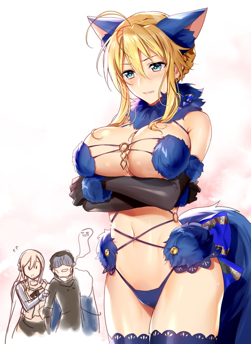 1girls 2boys ahoge animal_ears aqua_eyes artoria_pendragon artoria_pendragon_(lancer) bare_shoulders big_breasts blonde_hair blush braid breasts cosplay elbow_gloves embarrassed fate/grand_order fate_(series) female female_focus fur fur-trimmed_gloves fur-trimmed_legwear fur_collar fur_trim giving_up_the_ghost gloves green_eyes highres lace lace-trimmed_legwear large_breasts mash_kyrielight_(cosplay) mash_kyrielight_(dangerous_beast)_(cosplay) multiple_boys murakami_yuichi navel o-ring o-ring_top tail thighhighs