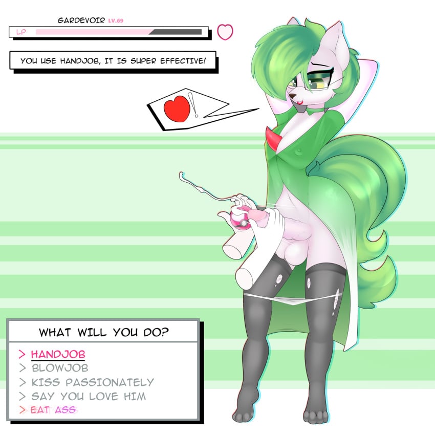 1:1 1boy 69_(number) anthro arms_behind_head balls clothed clothing crossdressing disembodied_hand dress english_text eyewear fan_character femboy gameplay_mechanics gardevoir genitals girly glasses gloves handjob handwear heart hi_res legwear male male_gardevoir male_only male_pokemon nintendo penile penis pokémon_(species) pokeball pokemon pokemon_(species) pokemon_battle pokemon_rse sex solo stockings tail text trap video_games xorza