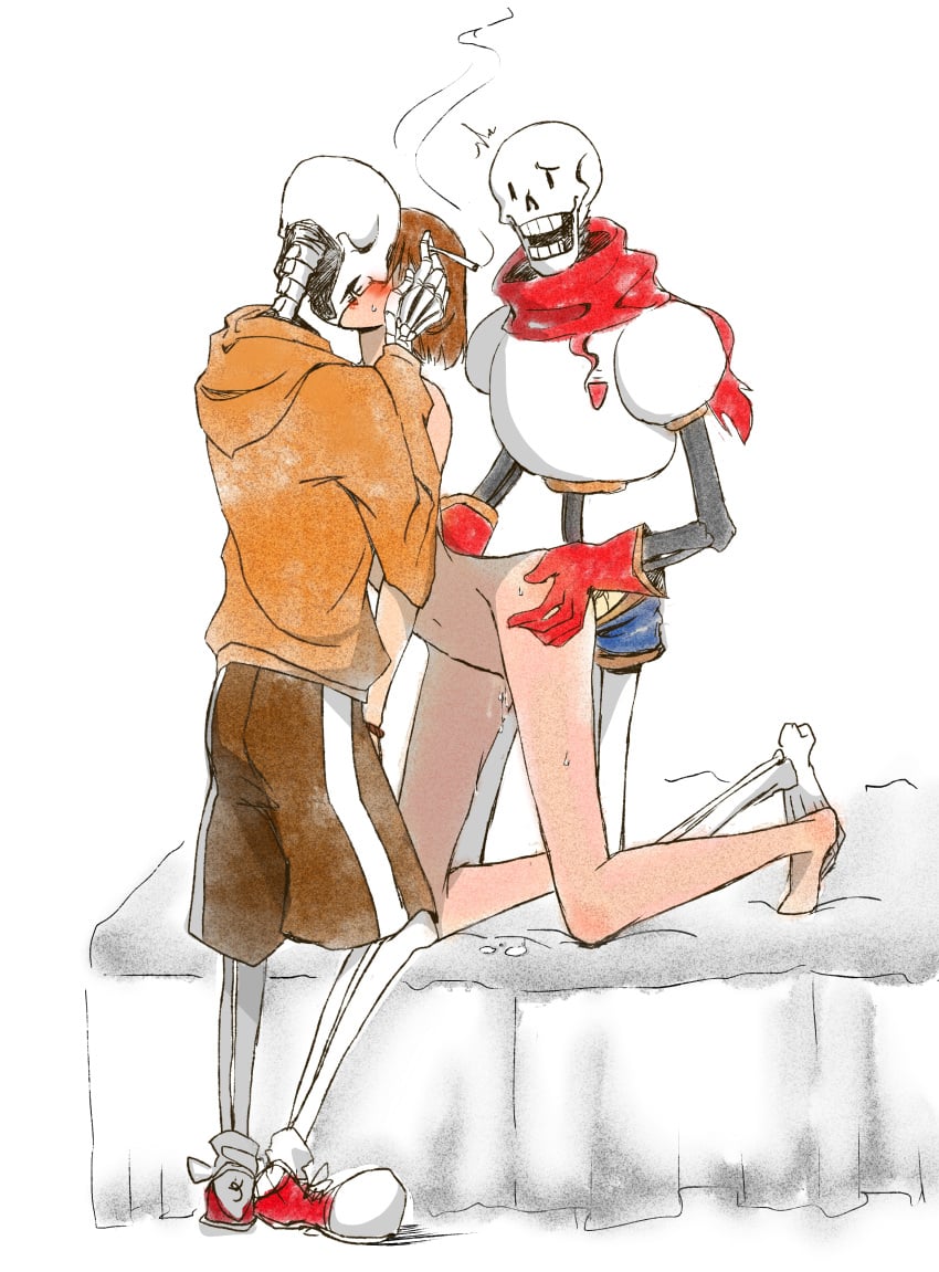 1girls 2boys ambiguous_penetration blue_shorts blushing brown_hair brown_shorts cigarette doggy_style female female_frisk female_human female_penetrated frisk human human_penetrated kissing male male/female male/female/male male_penetrating male_penetrating_female on_bed orange_hoodie papyrus papyrus_(underswap) papyrus_au pussy_juice_drip red_gloves red_scarf red_sneakers rope skeletons smoking straight sweating underswap underswap_papyrus undertale undertale_au undertale_fanfiction unseen_female_face white_background white_shirt 悟空