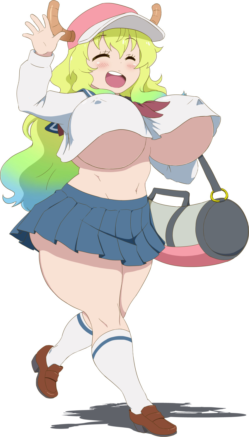 1girls big_breasts crop_top curvy_figure female hat horns huge_breasts huge_thighs large_breasts loafers long_hair miss_kobayashi's_dragon_maid multicolored_hair pale-skinned_female pale_skin quetzalcoatl_(dragon_maid) school_uniform simple_background skirt the_tits_of_mio thick_thighs underboob voluptuous white_background wide_hips