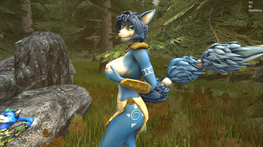 1boy 1girls 2020 3d 5_fingers anthro anthro_only arms_behind_head armwear black_nose blue_fur blue_hair breast_grab breasts breasts_exposed canid canid_humanoid canine canine_genitalia canine_humanoid canis closed_eyes day female fluffy_tail forest fox fox_ear fox_ears fox_girl fox_humanoid fox_tail fur furry grass green_eyes green_shirt hands_on_breasts krystal looking_at_viewer male mammal mammal_humanoid nature necklace nintendo nipples original_character pink_nipples pointy_ears rock rocks short_hair sleeping smallking smile smiley_face smiling standing star_fox tail tree trees video_game video_games