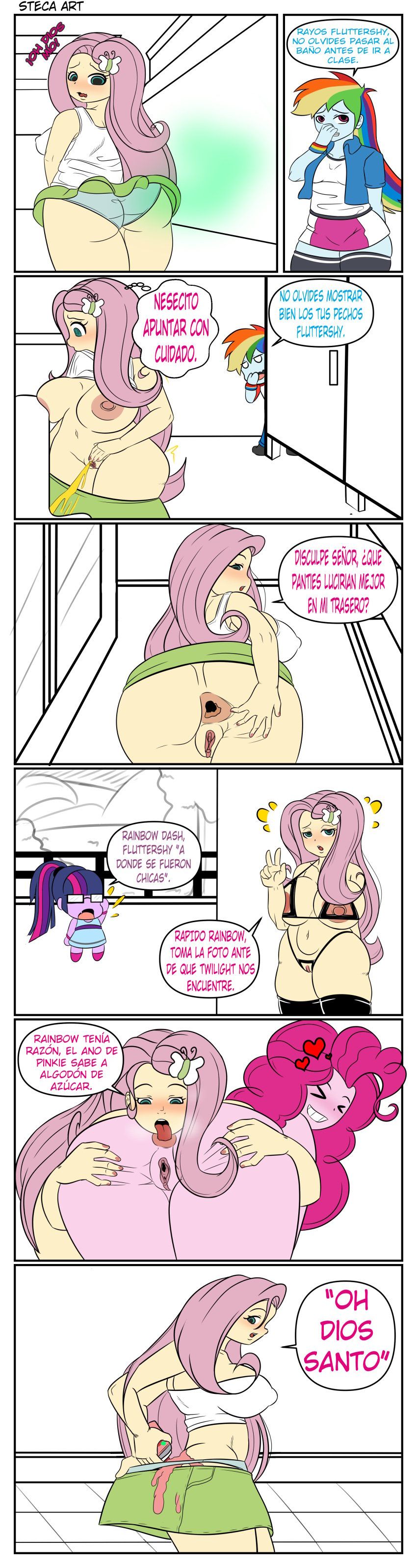 >_< analingus anilingus_from_female comic covering_nose crotchless_bikini equestria_girls exhibitionism exposed_panties fart fart_fetish female female_only fluttershy_(mlp) gaping_anus gaping_ass hair_on_head huge_breasts human human_only humanized lesbian mouth_hold my_little_pony nipple_bulge nipple_outline rainbow_dash_(mlp) shirt_lift snickering spanish_text spray_can spraying spreading_anus spreading_ass spreading_own_ass steca thelazyart urinal voyeur