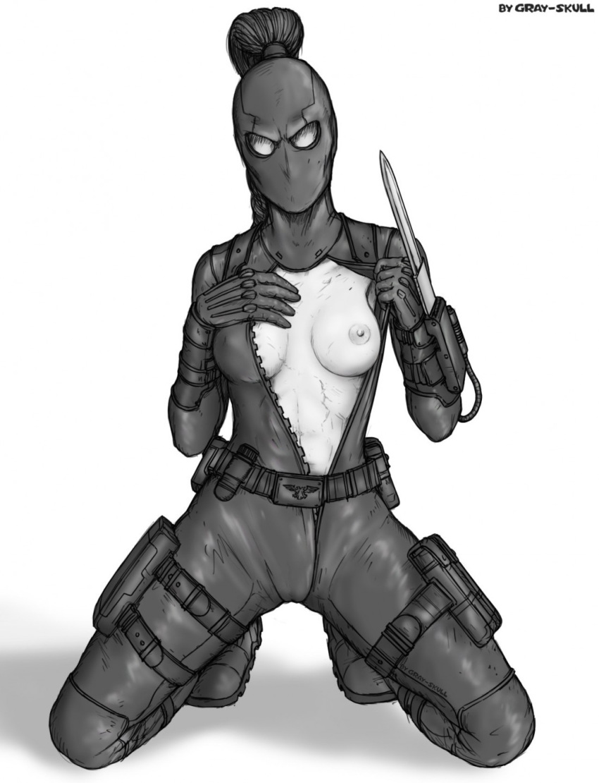 1girls artist_name blade bodysuit boots breasts callidus_assassin exposed_breasts female female_focus female_only flashing gloves gray_skull hand_on_breast holster holsters imperium_of_man kneeling knife latex latex_suit leather_boots leather_gloves officio_assassinorum pinup ponytail revealing_clothes rubber_suit sketch solo solo_female solo_focus source_request unzipped unzipped_bodysuit warhammer_(franchise) warhammer_40k