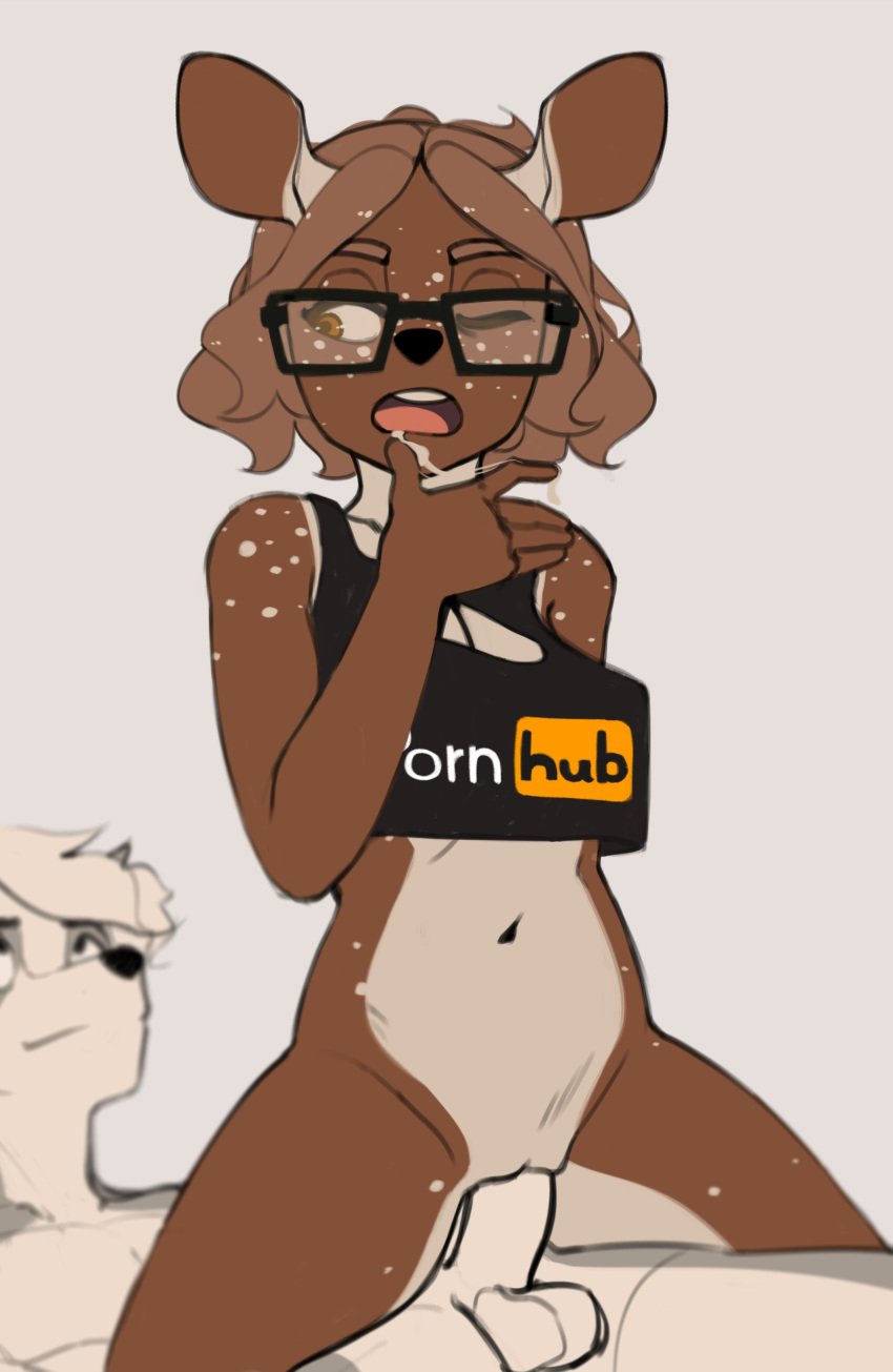 2019 5_fingers absurd_res anthro anthro_on_anthro ashley_(sockrateesy) balls black_nose blurred_background bottomless breasts brown_body brown_eyes brown_fur brown_hair canid cervid clothed clothing duo eyewear female fingers fur genitals glasses hair hi_res looking_up male mammal navel nude one_eye_closed penetration penis pornhub short_hair sockrateesy spots spotted_body spotted_fur straight vaginal_penetration white_hair