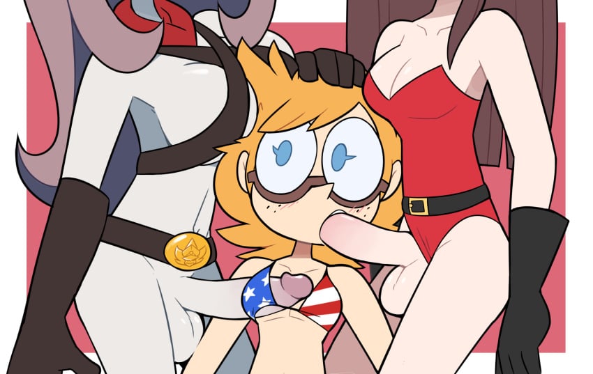 1girls 2futas 4th_of_july aged_up akko_kagari american_flag american_flag_bikini atsuko_kagari blonde_hair blowjob blush breast_size_difference breasts brown_hair erection fellatio female freckles futanari glasses intersex kagari_atsuko large_breasts light_skin little_witch_academia lotte_yansson miscon pale_skin penis purple_hair small_breasts sucy_manbavaran testicles uncensored