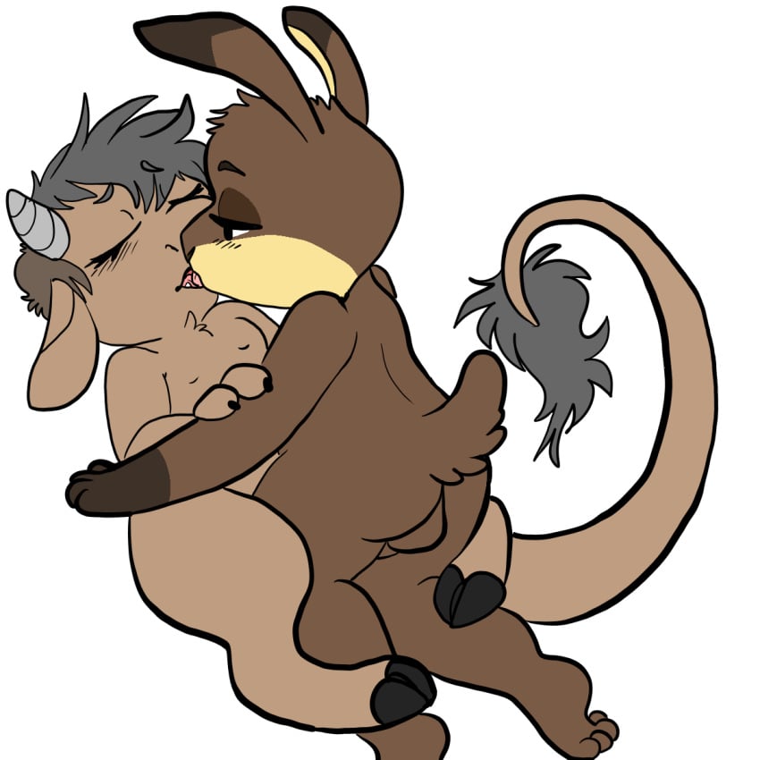 1:1 anthro ass backsack balls big_tail biped blush bovid bovine breasts brown_body brown_fur chest_tuft claws closed_eyes duo female fur genitals hair half-closed_eyes head_tuft hi_res hooves horn humanoid_genitalia humanoid_penis kissing lagomorph leporid male male_penetrating mammal manitka manitka_(character) multicolored_body multicolored_fur narrowed_eyes nipples nude open_mouth penetration penis rabbit sex simple_background straight tail_tuft tongue tuft unnamed_rabbit