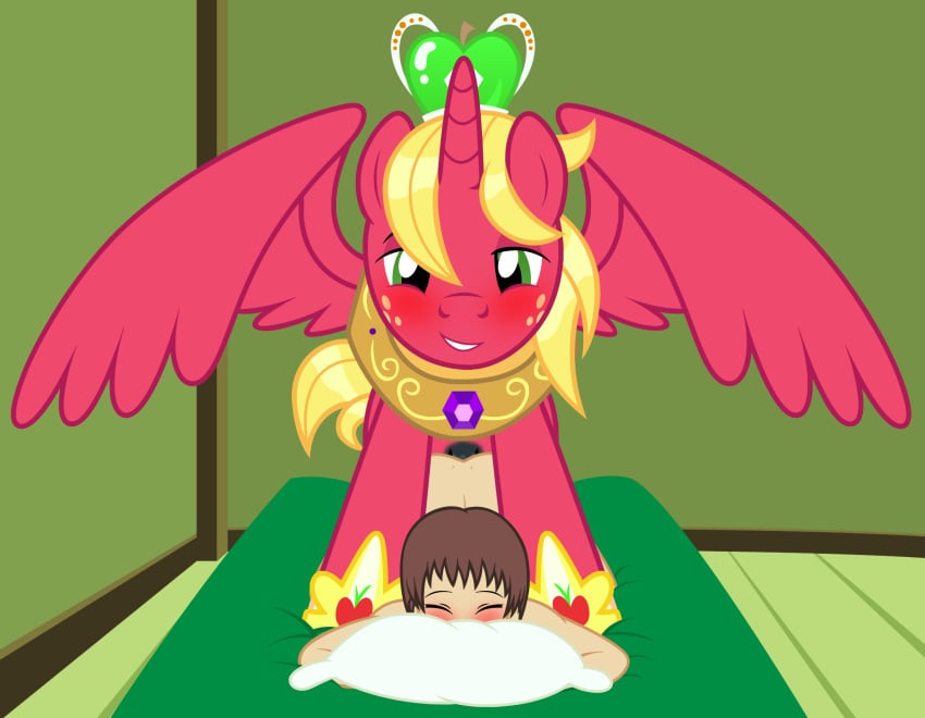 2020 alicorn all_fours alternate_species anal anal_sex apple badumsquish bed bedroom_eyes big_macintosh_(mlp) blush crown doggy_style equid fan_character feral food freckles friendship_is_magic from_behind_(disambiguation) from_behind_position fruit furniture furry generic_messy_hair_anime_anon genitals hasbro hi_res horn human interspecies jewelry male male/male mammal my_little_pony narrowed_eyes penetration penis pillow plant regalia seductive sex smile smirk spread_wings wings yoke zoophilia