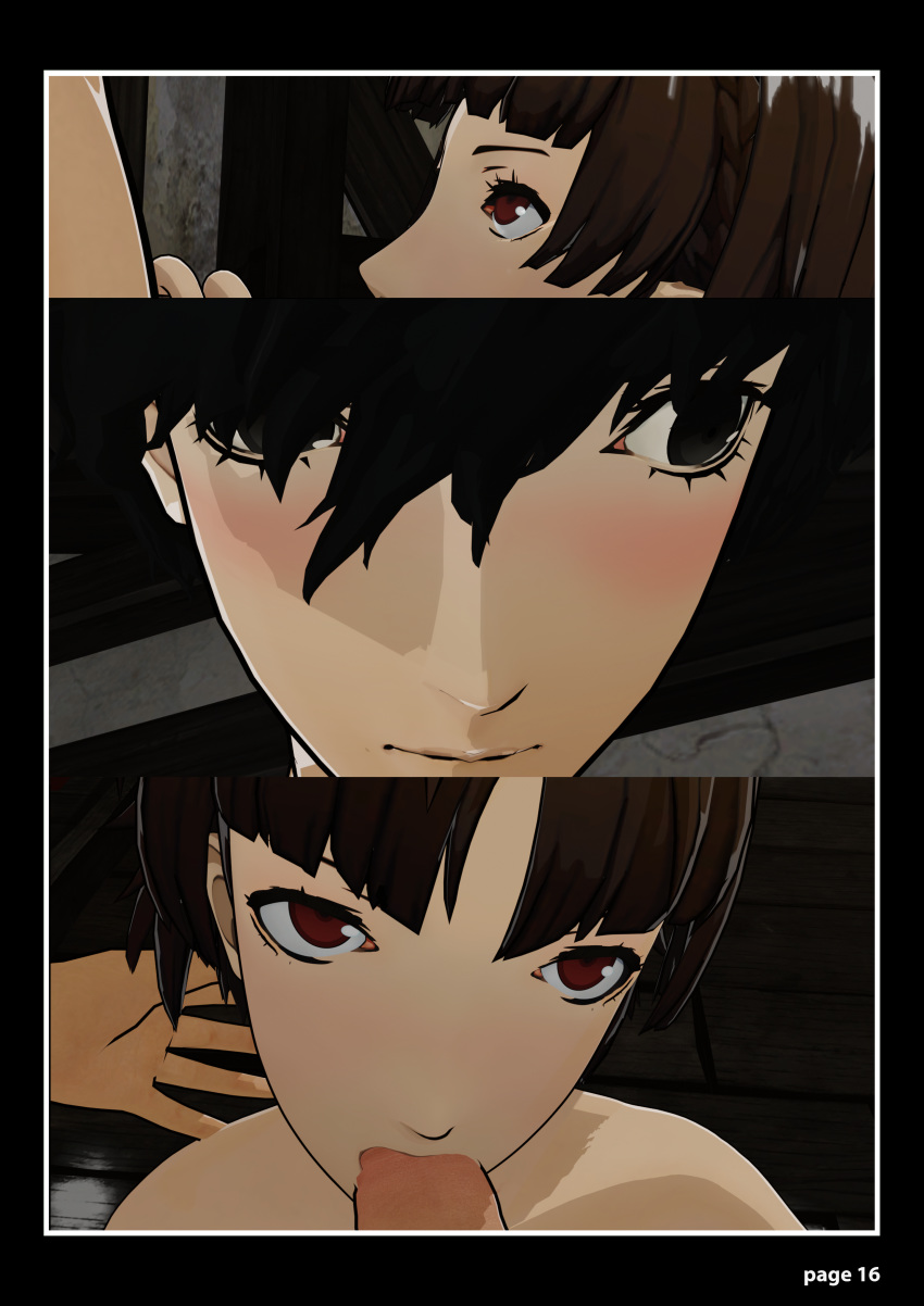 1boy 1girls atlus attic blowjob blush blushing brown_hair brunette close-up comic english_text fellatio holding_hips joker_(persona) looking_at_partner looking_down looking_up makoto_niijima megami_tensei mokujin_hornywood persona persona_5 pov pubic_hair red_eyes ren_amamiya school_uniform sex short_hair straight