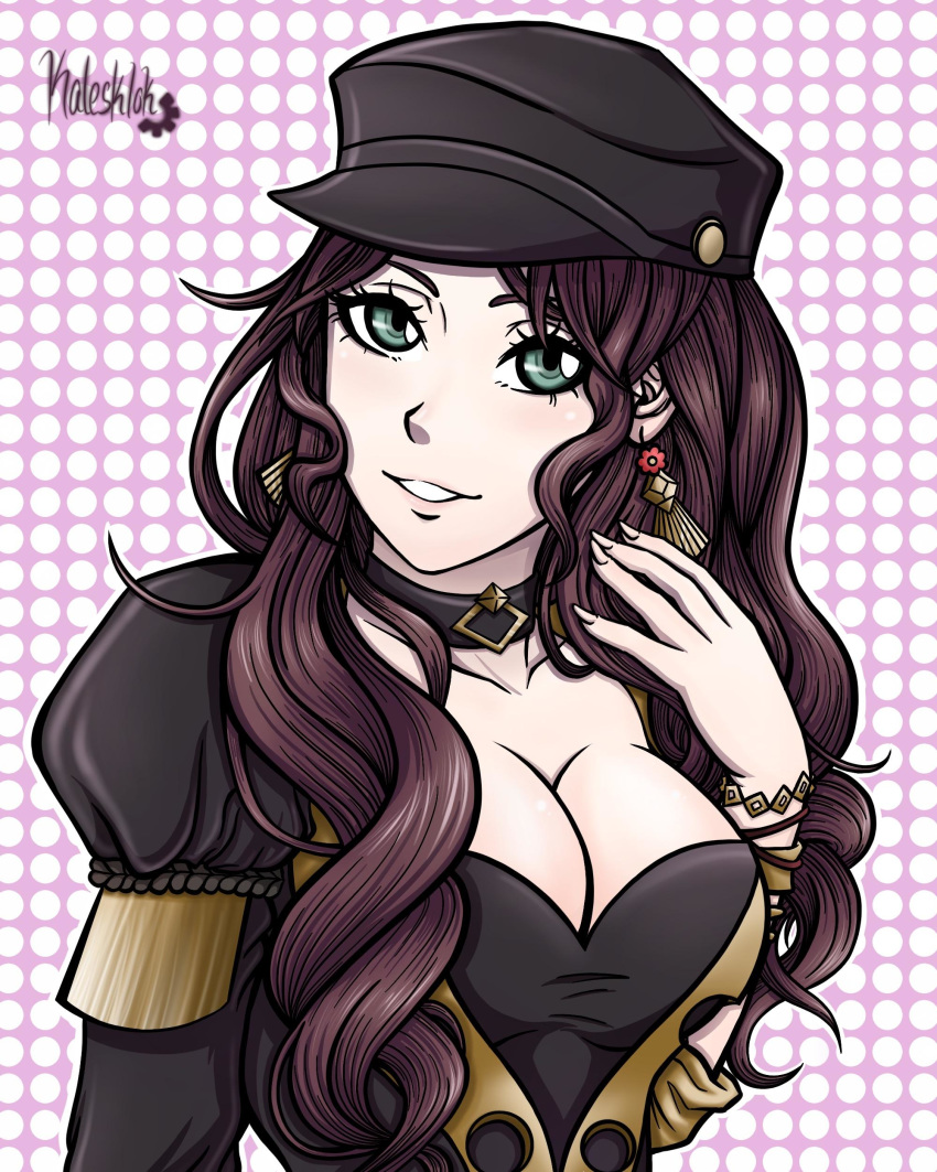 brown_hair cleavage dorothea_arnault earrings fire_emblem fire_emblem:_three_houses garreg_mach_monastery_uniform green_eyes hat kalesklok large_breasts long_hair looking_at_viewer nintendo smile