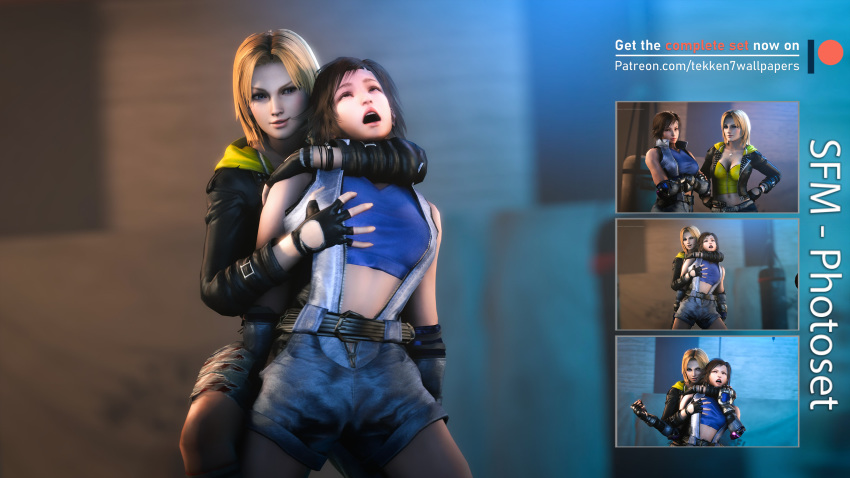 2girls 3d absurdres asian_female asphyxiation blonde_hair breast_grab breast_grab_from_behind breasts brown_hair catfight choke_hold crossover dead_or_alive dead_or_alive_5 femdom helpless highres imminent_rape interracial kazama_asuka light-skinned_female namco smile tecmo tekken tekken7wallpapers tekken_7 tina_armstrong yuri