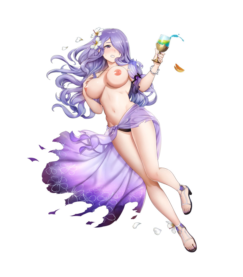 1girls bare_breasts bare_legs big_breasts bikini blush broken_armor camilla_(fire_emblem) camilla_(summer)_(fire_emblem) distress edit fire_emblem fire_emblem_fates fire_emblem_heroes flower flower_in_hair glass huge_breasts large_breasts mikurou_(nayuta) nintendo nude_filter ripped_clothing sandals see-through swimsuit topless torn_clothes