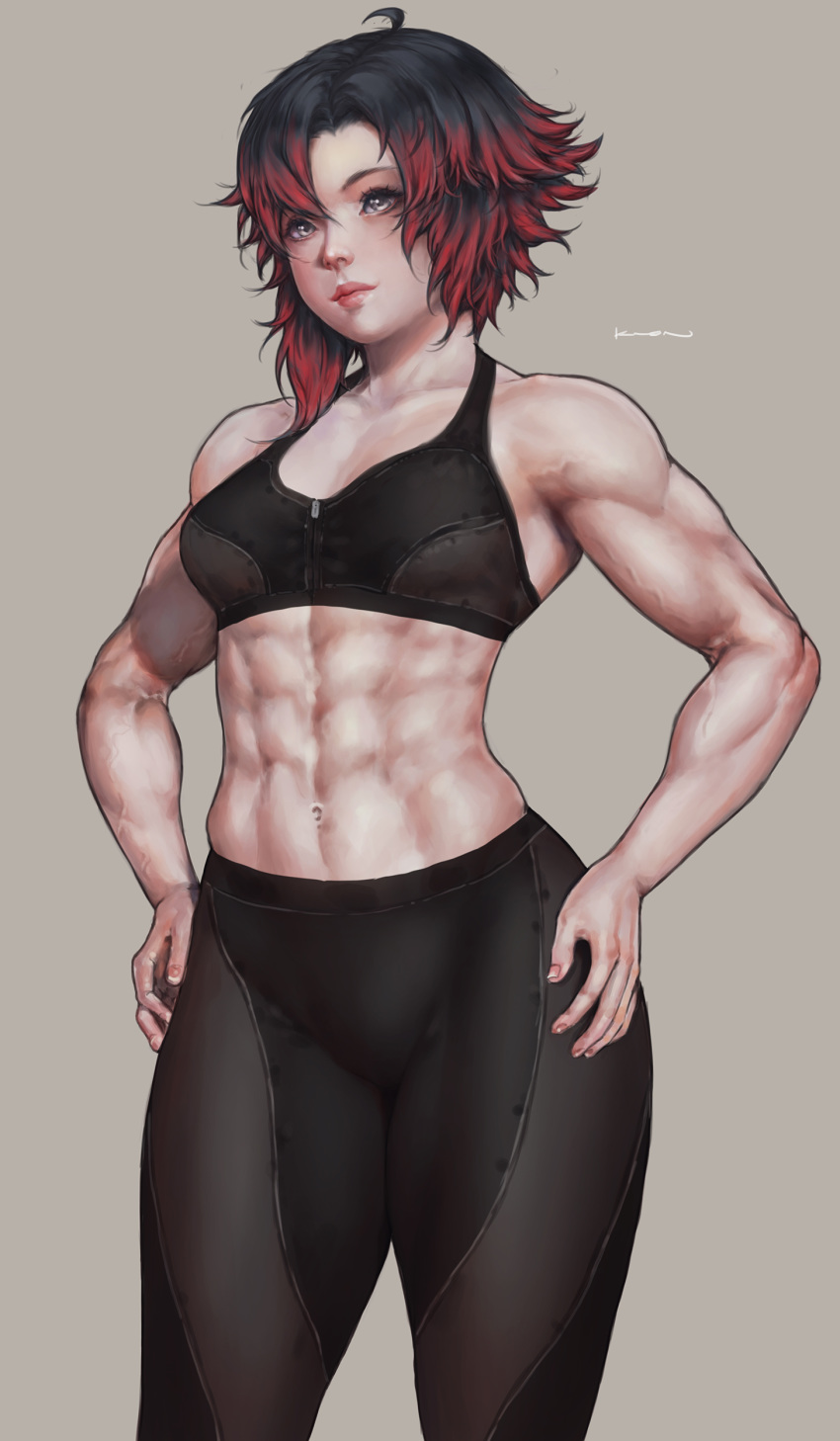 1girls abs ass black_hair breasts female female_only grey_background grey_eyes gym_uniform huge_ass looking_at_viewer muscles muscular muscular_female naughty_face prinzkuon red_highlights ruby_rose rwby seductive solo sports_bra thick_thighs white_skin yoga_pants
