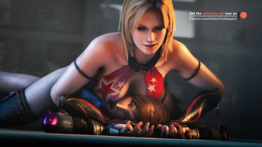 2girls 3d absurdres asphyxiation blonde_hair breasts breasts_on_face brown_hair catfight cleavage crossover dead_or_alive dead_or_alive_5 defeat defeated dominance dominant_female dominated domination dominatrix face_in_breasts female female_domination female_with_female femdom held_down helpless highres kazama_asuka lesbian lezdom pinned sensual sexually_suggestive smile smothering spread_legs spreading submission_hold submissive submissive_female tekken tekken7wallpapers tekken_7 tina_armstrong wrestler wrestling wrestling_femdom wrestling_outfit wrestling_ring wrestlingryona yuri