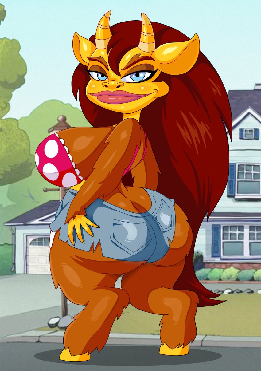 adultart_(artist) anthro ass_cleavage big_ass big_breasts big_mouth_(tv_series) big_mouth_(universe) bikini_top blue_eyes brown_fur brown_hair butt_crack connie_(big_mouth) female female_only fully_clothed hooves hormone_monstress horns horns_and_hooves house netflix shorts