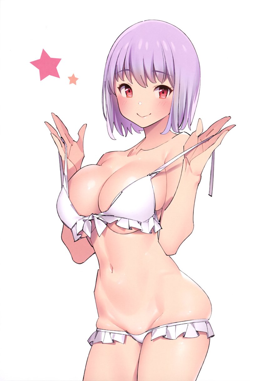 bikini blush breasts clavicle cleavage comic_market comic_market_95 female frilled_bikini frills front-tie_top groin high_resolution hips large_breasts lavender_hair looking_at_viewer lowleg lowleg_bikini navel official_art pop_kyun red_eyes scan shinjou_akane short_hair simple_background skindentation smile solo ssss.gridman star strap_gap swimsuit takeuchi_masato thighs underboob undressing untied untied_bikini very_high_resolution white_background white_bikini white_swimsuit