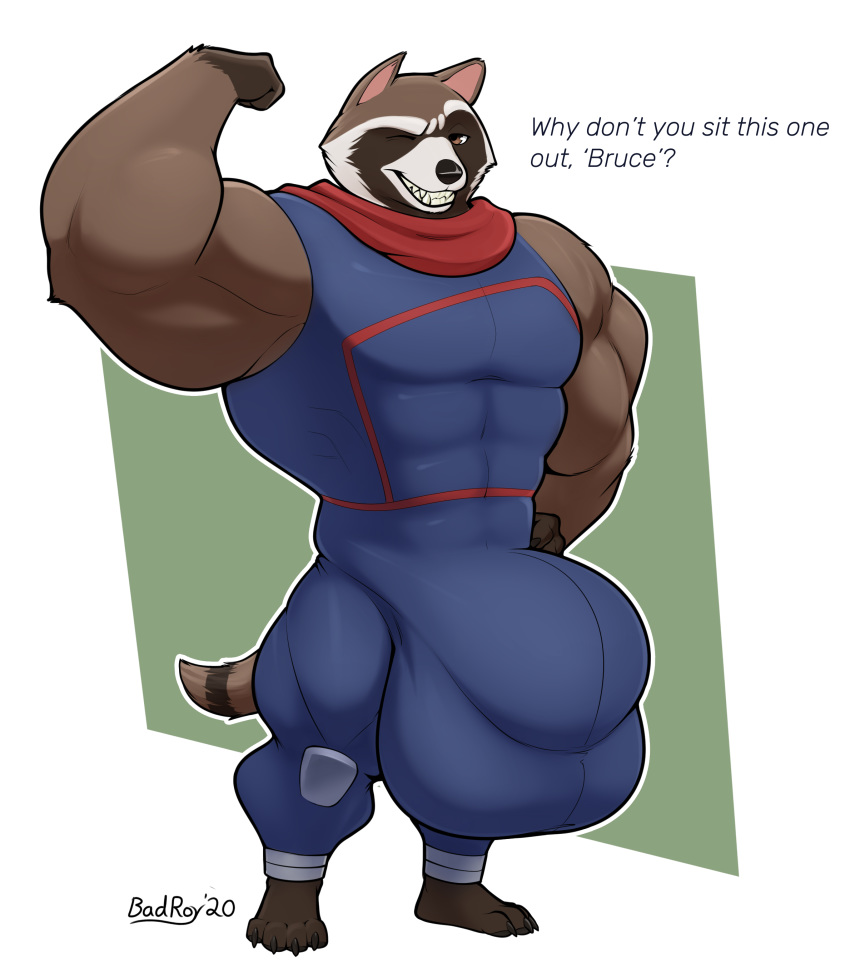 absurd_res anthro badroy bulge clothing flexing guardians_of_the_galaxy hi_res hyper male male_only mammal marvel muscular procyonid raccoon rocket_raccoon solo tight_clothing