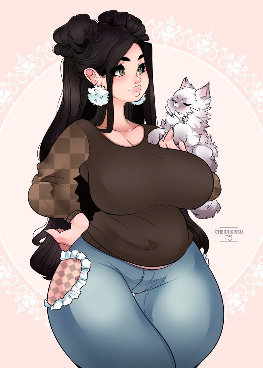 1girls animal artist_self-insert cheri_(cherrikissu) cherrikissu chubby cleavage closed_eyes cute feline female female_only freckles green_eyes grey_fur human lips long_hair pants pet real_person shirt signature smiling