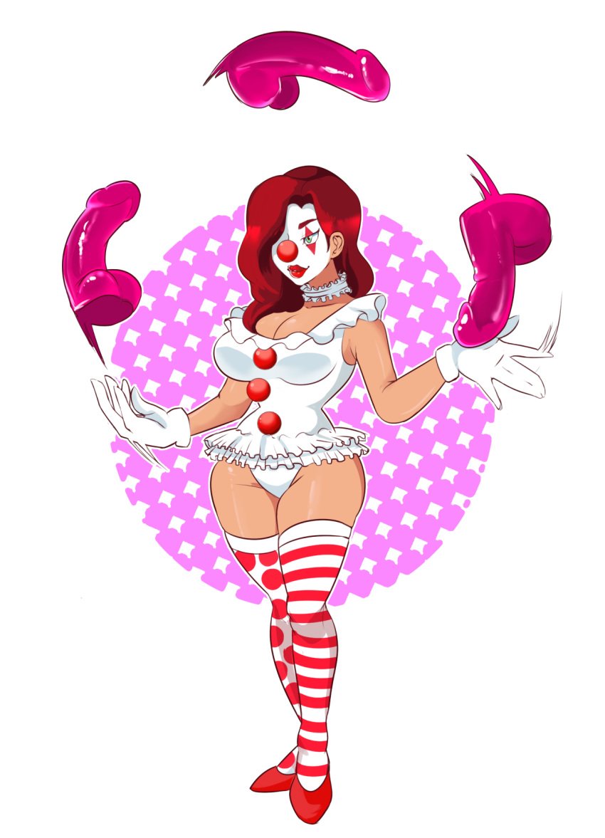 2020 big_breasts breasts clown_girl clown_makeup clown_nose dildo dildos female gloves juggling