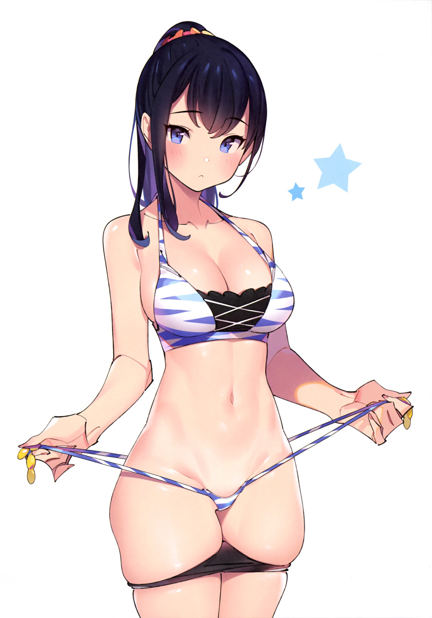 :< baby_face bare_shoulders bikini bikini_pull black_hair black_panties black_underwear blue_eyes blush breasts clavicle cleavage comic_market comic_market_95 female frown groin high_resolution hips long_hair medium_breasts navel official_art pantsu panty_pull ponytail pop_kyun scan simple_background skindentation slender_waist solo ssss.gridman star swimsuit takarada_rikka takeuchi_masato thick_thighs thighs tied_hair underwear undressing very_high_resolution white_background