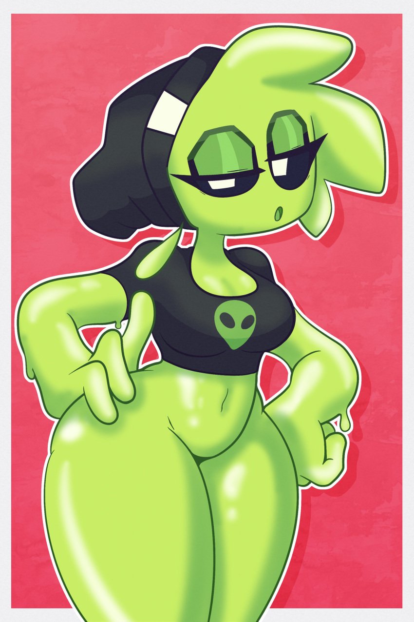 black_shirt breasts garbagioni goo_girl green_body green_slime leena_(dynamo_toon) slime_girl wide_hips