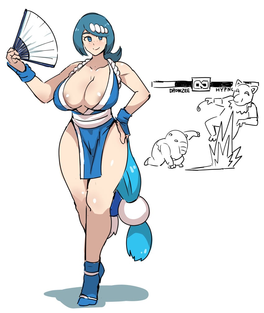 1girls big_breasts blue_eyes blue_hair cleavage cosplay drowzee fan female health_bar huge_breasts human hypno japanese_clothes kandenki king_of_fighters lana's_mother_(pokemon) long_hair mai_shiranui_(cosplay) mature_female milf mob_face mother nintendo pale-skinned_female pale_skin paper_fan pelvic_curtain pokemon pokemon_(species) pokemon_rgby pokemon_sm skimpy skimpy_clothes snk white_background