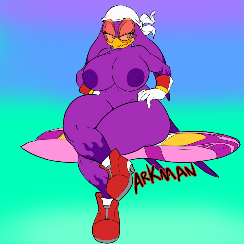 1:1 1girls absurd_res anthro arkman avian beak big_breasts breasts clothing crossed_legs eyewear female female_only gloves gradient_background hands_on_hips handwear hi_res hoverboard huge_breasts nipples nude nude_female purple_body sega shoes shortstack simple_background sitting solo sonic_(series) sonic_riders sonic_the_hedgehog_(series) sunglasses thick_thighs wave_the_swallow wide_hips