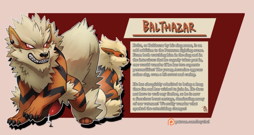 2017 angry arcanine balthazar_(character) bodily_fluids canid canine cum english_text erection feral fur genital_fluids genitals haychel hi_res male male_only mammal multicolored_body multicolored_fur nintendo orange_body orange_fur patreon penis pokemon pokemon_(species) pokemon_rgby precum solo text video_games