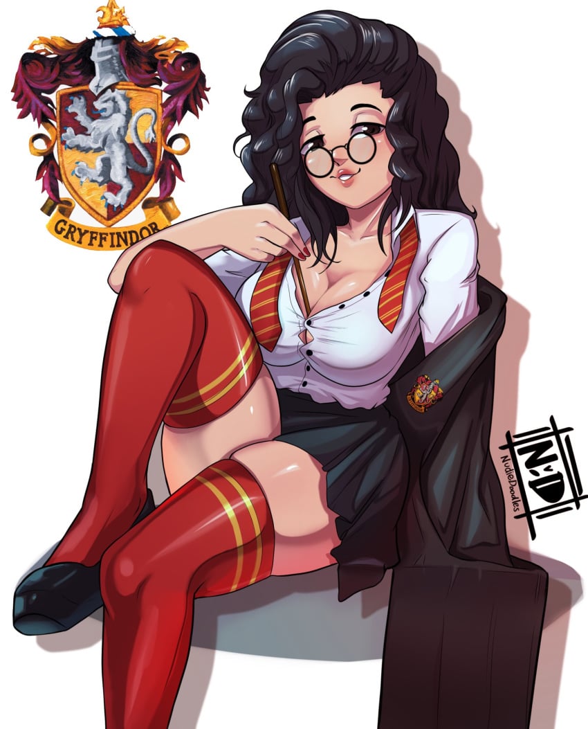 1girls big_breasts black_hair blazer breasts brown_eyes busty cleavage clothed clothed_female clothing commission curvaceous curvy eyes eyewear fantasy female female_focus female_only fingernails footwear fully_clothed glasses gryffindor gryffindor_symbol gryffindor_tie hair half-closed_eyes harry_potter holding_object holding_wand hourglass_figure huge_breasts human_only knee_up large_breasts light-skinned_female light_skin logo long_hair looking_at_viewer looking_away magic_user magic_wand miniskirt nail_polish necktie neckwear no_bra no_underwear nudiedoodles object_between_breasts open_clothes open_eyes open_shirt original_character overflowing_breasts pinup plain_background pose posing real_person red_clothing red_nails robe round_glasses school_uniform schoolgirl shiny_clothes shiny_skin shirt shoes side_view signature sitting skirt sleeves_rolled_up socks solo stockings striped_neckwear stripes student teeth text thick_thighs thighhighs thighs tie unbuttoned unbuttoned_shirt undressing uniform voluptuous wand watermark white_background wide_hips witch