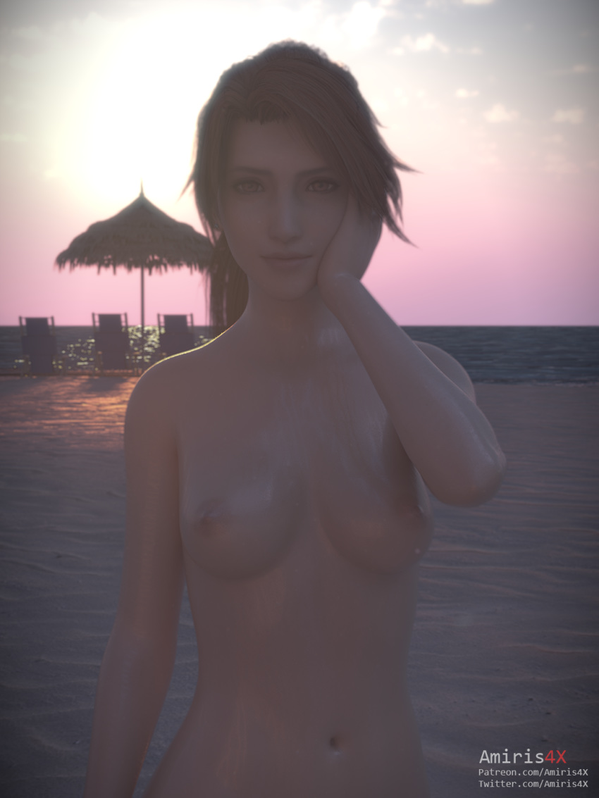 1girls 3d amiris4 areolae big_breasts breasts brown_eyes brown_hair dusk female female_only final_fantasy final_fantasy_vii final_fantasy_vii_remake jessie_rasberry large_breasts long_hair looking_at_viewer nipples nude nude_beach nude_female solo square_enix topless uncensored