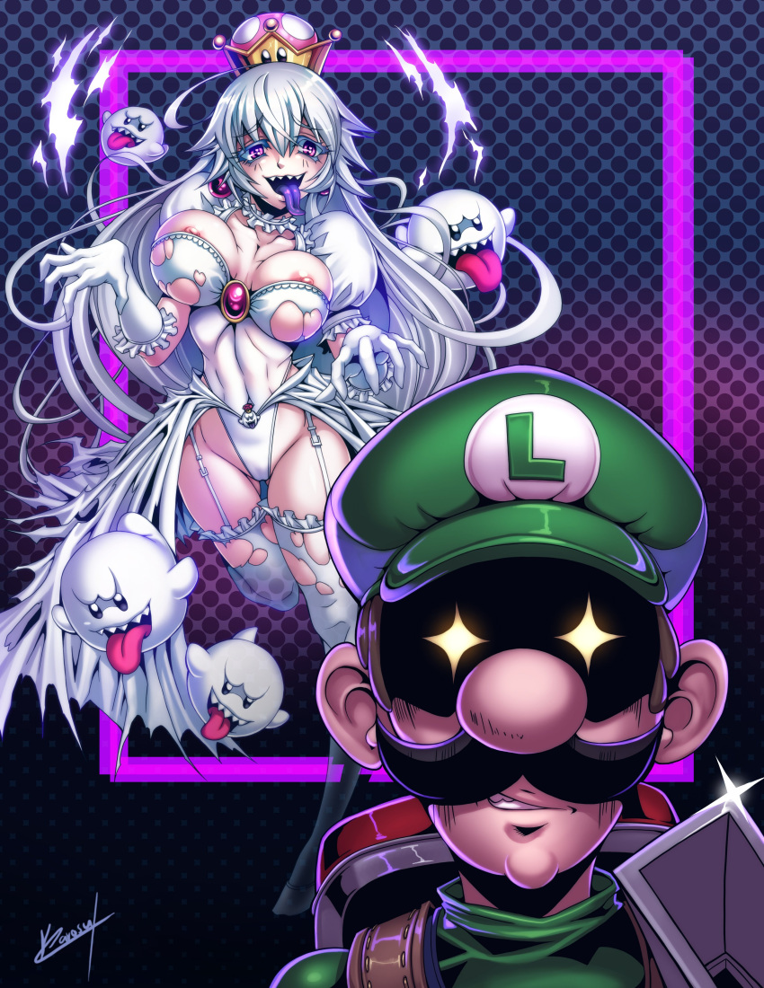 1boy 1girls boo_(mario) boosette clothed clothing crown dress funny karosu-maker long_hair long_tongue luigi luigi's_mansion mario_(series) moustache new_super_mario_bros._u_deluxe nipples pink_eyes possible_duplicate ripped_clothing rule_63 sharp_teeth super_crown tongue tongue_out white_hair