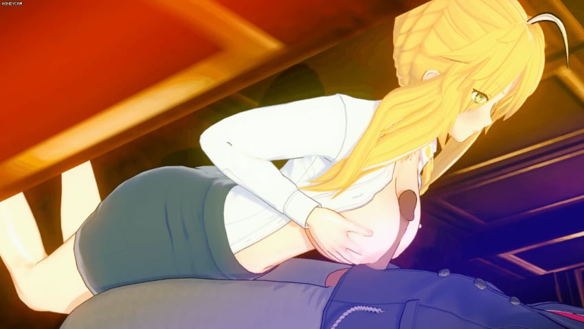 1boy 1girls 3d animated artoria_pendragon artoria_pendragon_(lancer) blouse blue_skirt breasts business_suit business_woman clothed_sex dress_shirt fate/grand_order fate_(series) female large_breasts miniskirt office office_lady paizuri pencil_skirt sex_in_skirt skirt skirt_suit tight_skirt white_blouse white_shirt yuukis