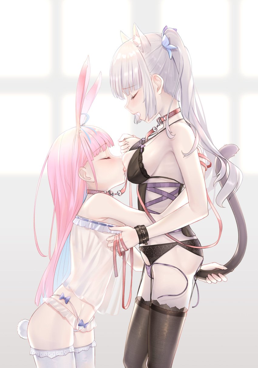 anal animal_ears bra breast_grab breast_hold breasts bunny_ears buttplug_tail corset garter_belt hololive hololive_gen_2 hololive_japan kagura_gumi kagura_mea kagura_mea_channel lingerie minato_aqua nekomimi nipples no_bra pantsu see_through stockings string_panties tail tail_grab thighhighs virtual_youtuber wardrobe_malfunction yao_unripe yuri