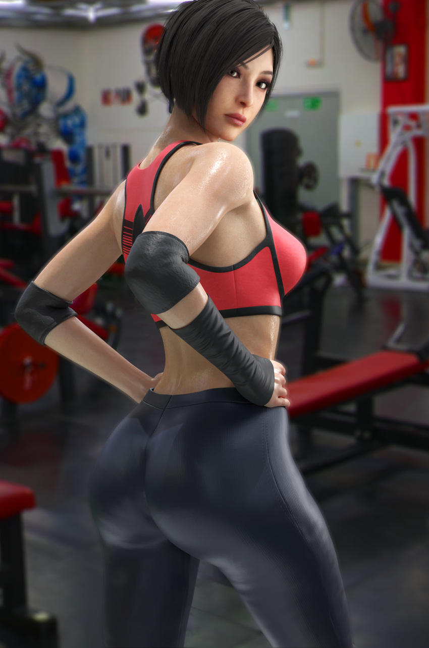 1girls 2020 3d 3d_(artwork) ada_wong ada_wong_(adriana) asian asian_female ass big_ass black_hair blurry_background bob_cut brown_eyes capcom clothed clothed_female clothes clothing dark_hair dimipron eyeshadow female female_only fully_clothed green_eyes gym hands_on_hips hazel_eyes indoors light-skinned_female lipstick looking_at_viewer looking_back makeup pants pink_lips pink_lipstick resident_evil resident_evil_2 resident_evil_2_remake short_hair solo sports_bra sportswear standing sweat tagme uncensored white_skin workout workout_clothes yoga_pants