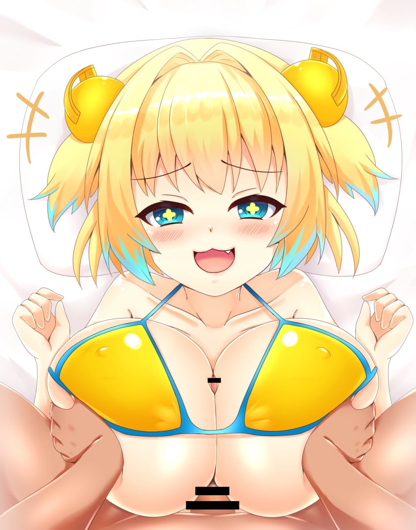 1boy :3 :d bar_censor bikini blonde_hair blue_hair blush bombergirl breast_grab breast_squeeze breasts censored collarbone female grabbing hair_intakes highres huge_breasts kane-neko looking_at_viewer lying multicolored_hair on_back open_mouth paizuri penis pillow pine_(bombergirl) shiny shiny_hair short_hair shortstack smile straight streaked_hair swimsuit symbol-shaped_pupils torogao two-tone_hair yellow_bikini