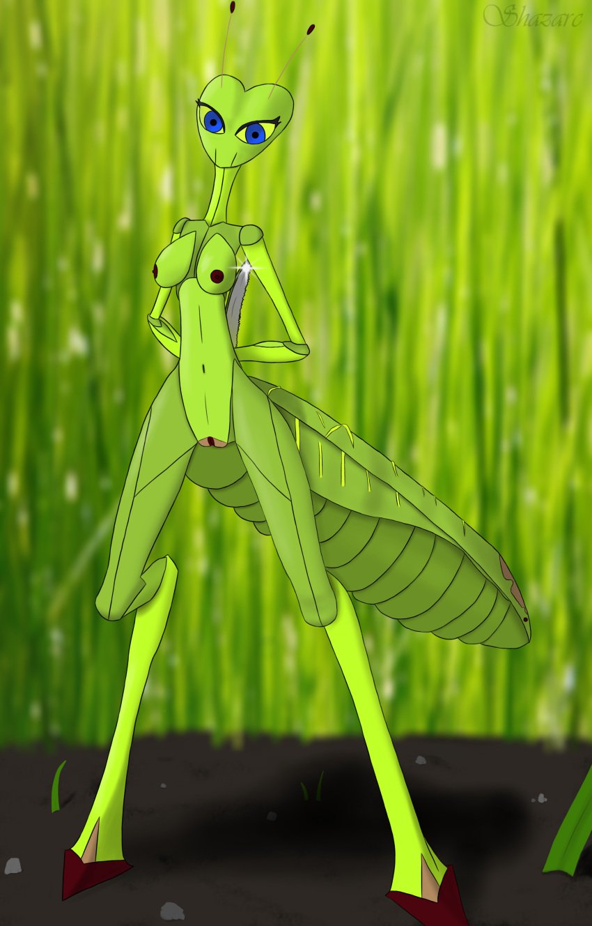 absurd_res antennae_(anatomy) anthro areola arthropod ass big_butt blade blue_eyes blurred_background breasts danger dangerous female genitals green_body green_skin hi_res insects long_legs looking_at_viewer mantis nipples pussy shazarc solo stare thin_waist wide_hips